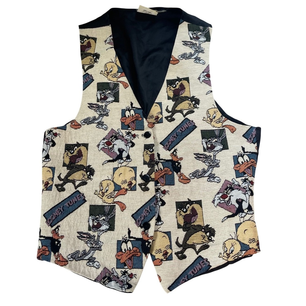 Vintage 90s Looney Tunes Vest M Cartoon Character Tapestry Bugs Daffy Taz